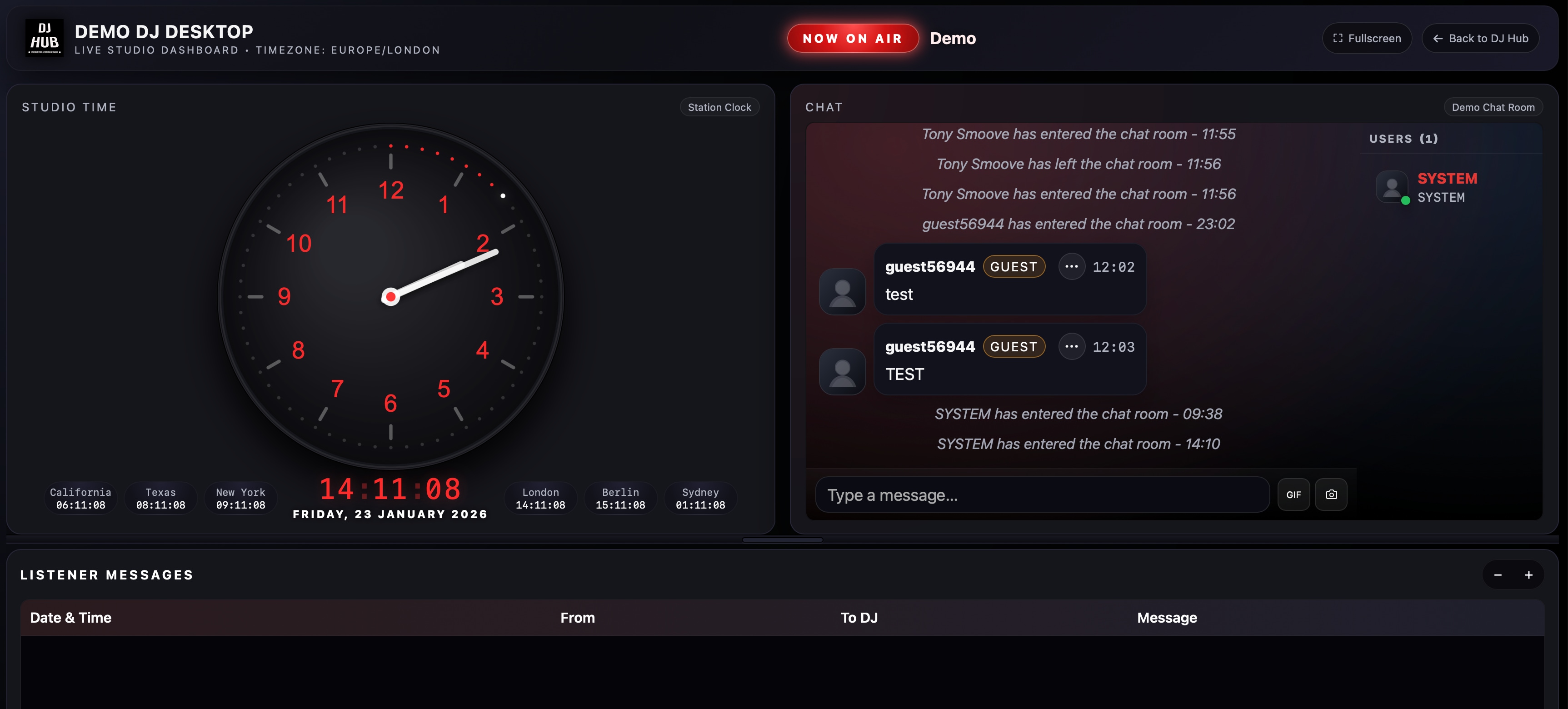 DJ Desktop combining studio clock, chat room, and listener messages/voice notes