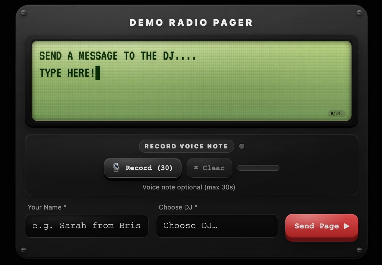 Pager message form that can be embedded on a radio station website