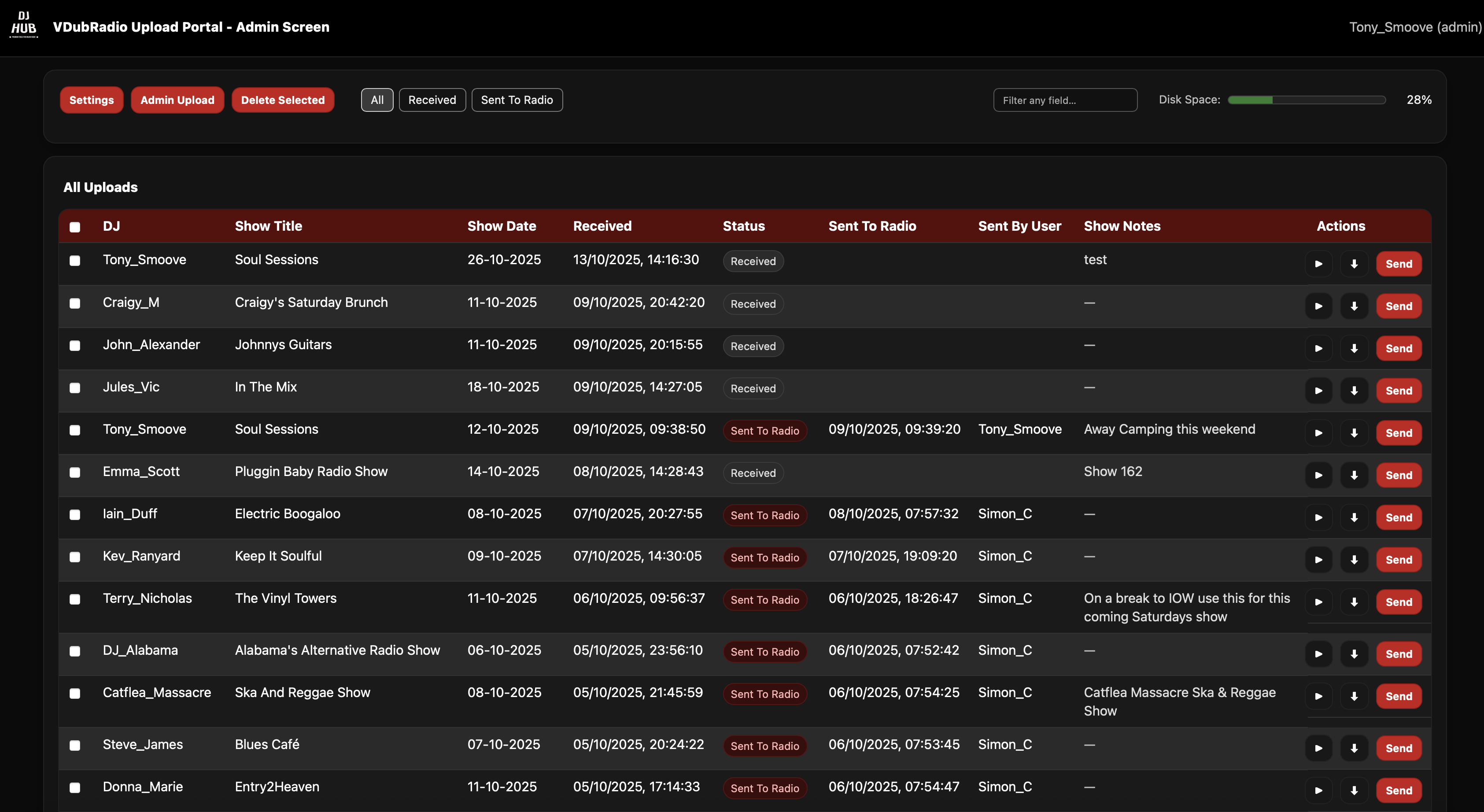 Upload Portal — DJs submit pre-recorded shows; admins manage them in one place